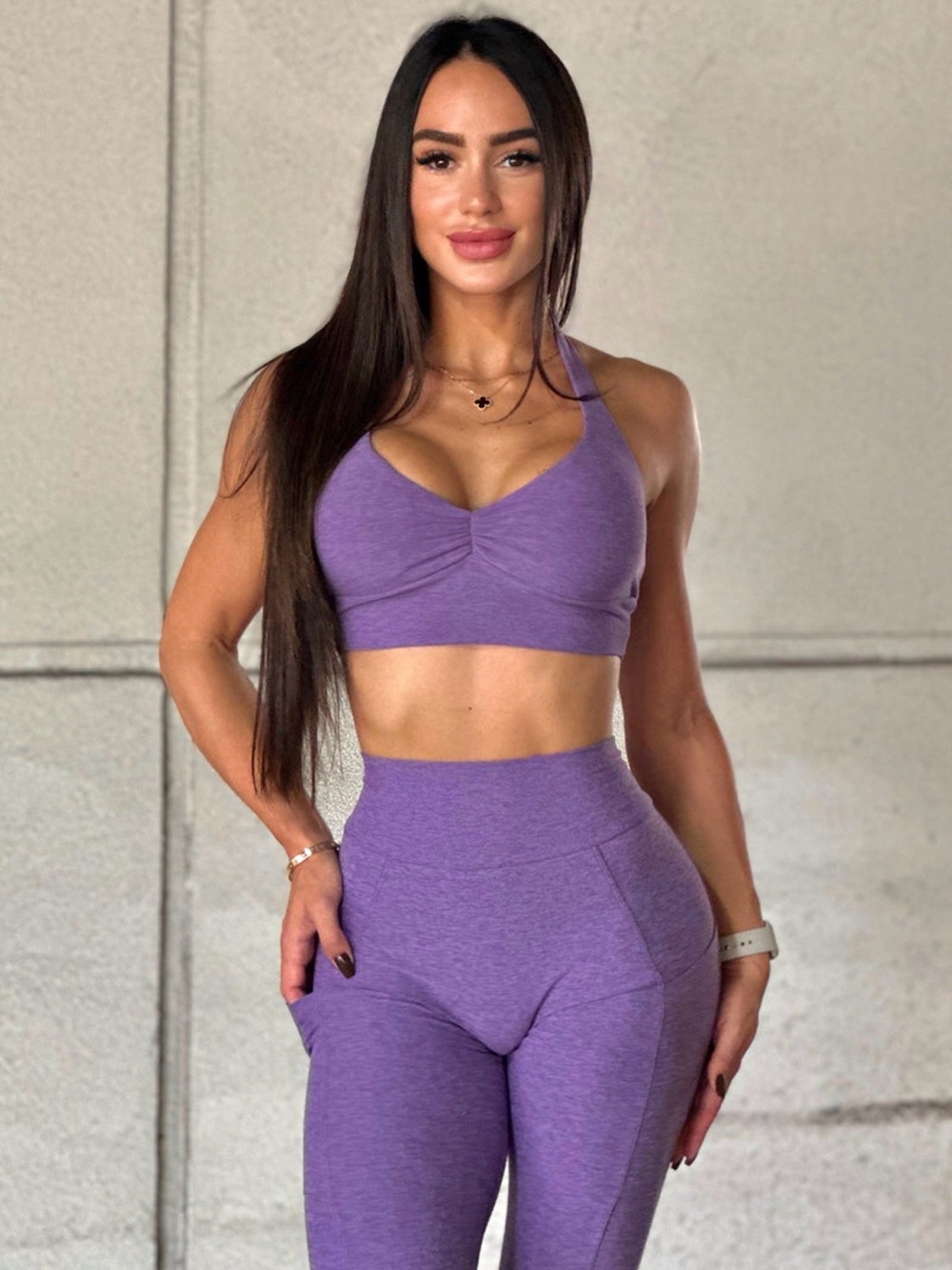 Bombshell Sportswear Violet V Back Leggings & Backless Halter Bra Set